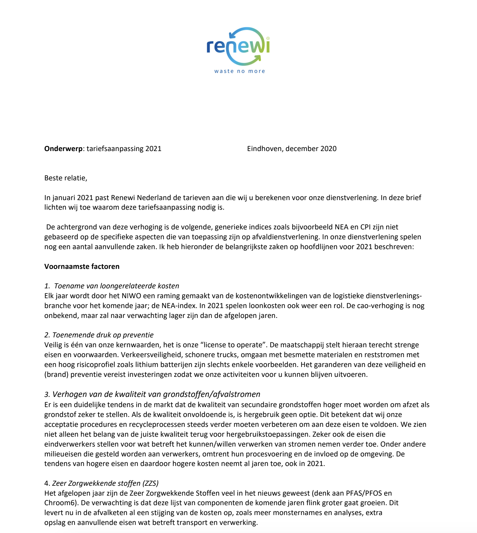 Renewi Brief Prijsverhogingen Cls De Boezem